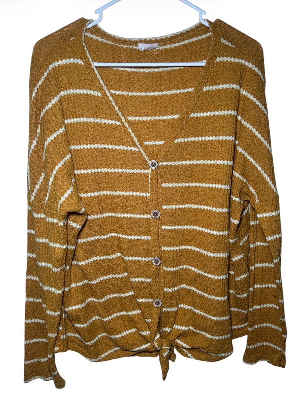 Bibi Striped Mustard Tie-Front Button Cardigan Sweater Top Fall Casual V Neck